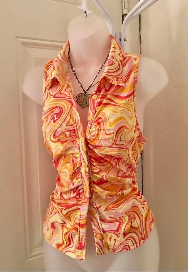 Kontrol Orange yellow psychedelic swirl halter sleeveless ruched button up down top shirt blouse stretchy - Image 2
