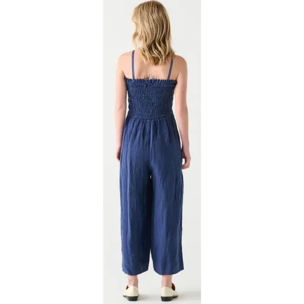 Dex Smocked Jumpsuit Size Medium Navy Linen Blend Adjustable Straps NEW Blue - Image 2
