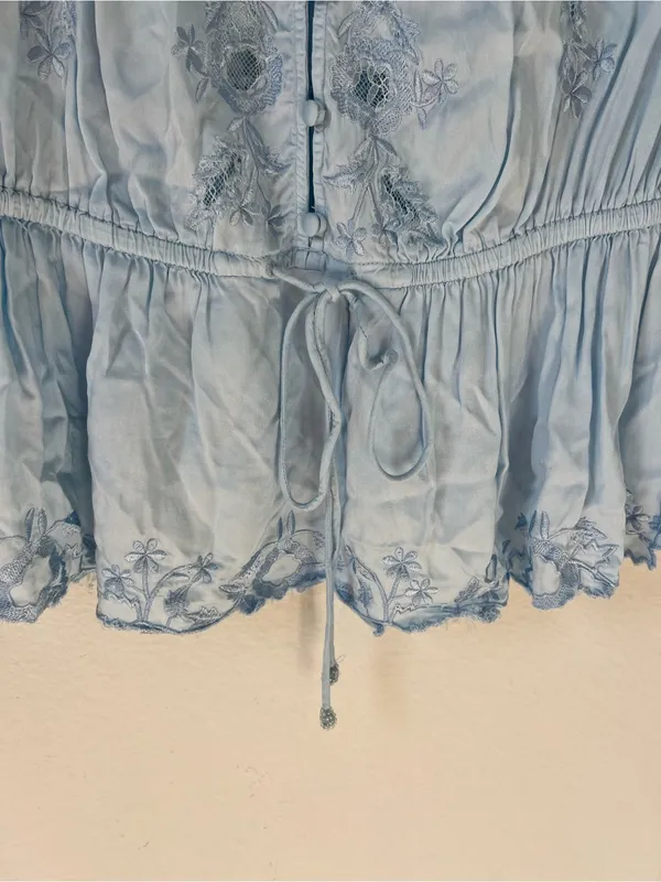 By Anthropologie Embroidered V-Neck Peplum Blouse Top in Nantucket Breeze Blue - Image 6
