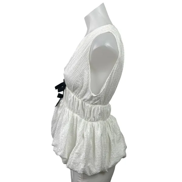 NEW Zara White Textured Bow Sleeveless Plunge V Neck Blouse Crop Tank Top Size L - Image 2