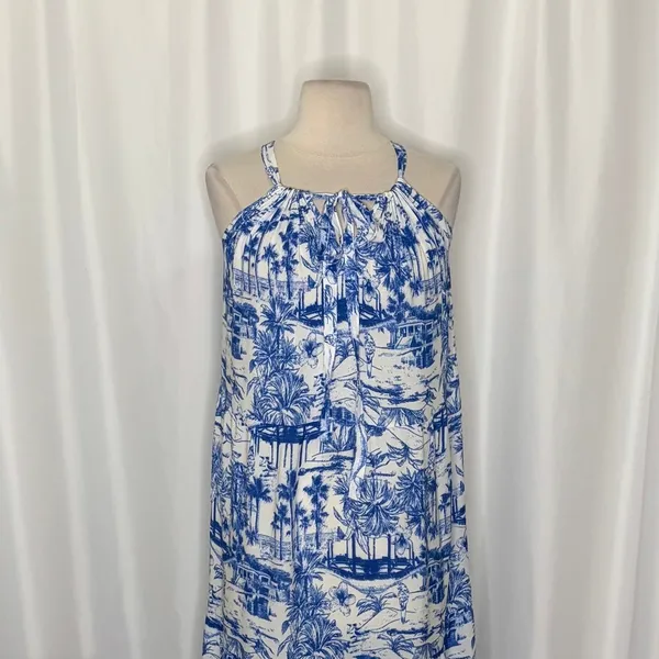 By ANTHROPOLOGIE Jasmine Tiered Cover-Up Dress Maxi Tropical Toile Blue Medium‎ - Image 3