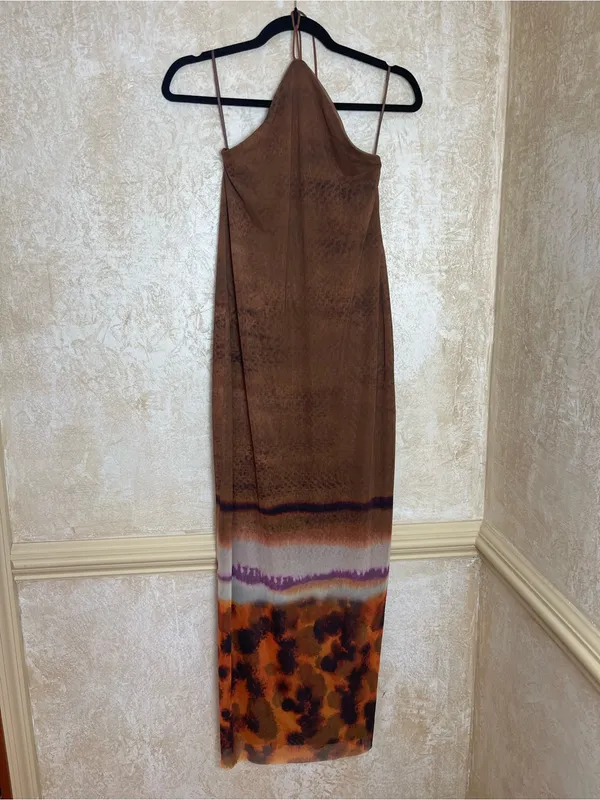 ZARA Tulle Brown Ombre Animal Print Mesh Halter Maxi Dress Festival Vacation S - Image 4