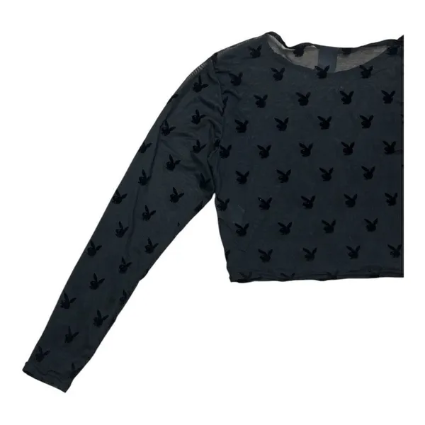 Play Boy Women Crop Top Size L/XL Black Lace Sheer Long-Sleeve Scoop-Neck Blouse - Image 6