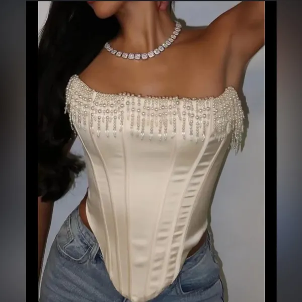 HOUSE‎ OF CB 'Aubrie' Vintage Cream Embellished Satin Corset With Sleeve NWOT S - Image 10