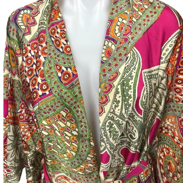 Zara Multicolor Satin Silk Paisley Print Duster Wrap Kimono Caftan Top Jacket - Image 9