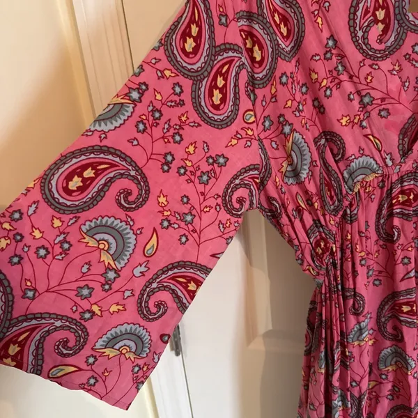 Sacred Threads Cotton Paisley Pink Women's Empire Waist Flair Sleeve Dress S Med - Image 3