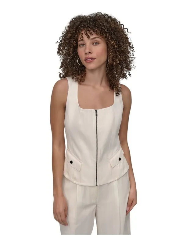 DKNY Womens Weathered Twill Zip-Up Vest P5ETTB77 Coconut Off White XL - Image 8