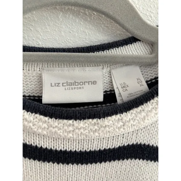 Vintage Sweater Womens XL‎ White Blue Cotton USA Patriotic Chunky Fisherman 90s - Image 3