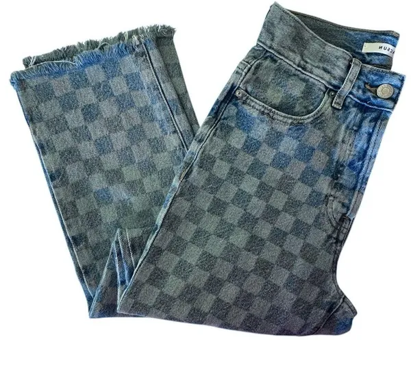 High Rise Straight Leg Raw Hem Checkered Blue Jeans 24 - Image 8