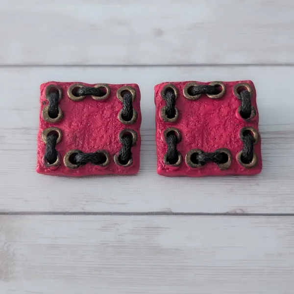 Vintage Clip On Earrings Large Statement Pink Square with Dark Brown Cord - Image 2
