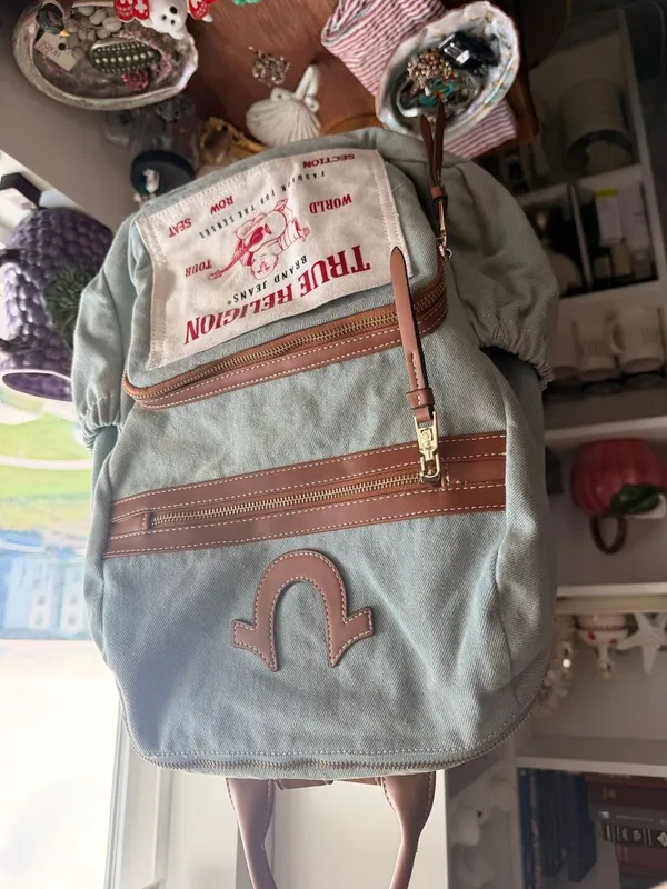 Denim Backpack True Religion Buddha Multi Pocket Light Blue Y2K Streetwear - Image 2