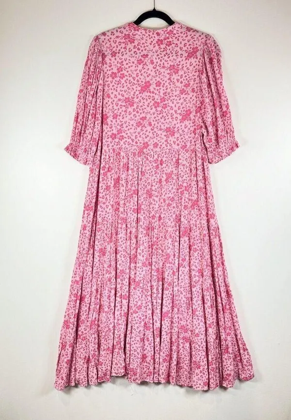 Karlie Womens Dress Pink Floral Ditsy Midi Tiered A Line Cottagecore Boho Small - Image 2