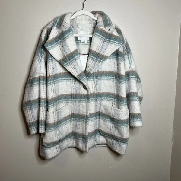 Anthropologie Womens‎ White Green Elsa Plaid Collared Long Sleeve Coat Size M - Image 2