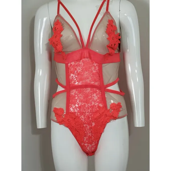 French Affair Lace Mesh Bodysuit Teddy Lingerie Floral Cutout Strappy 1X NWT - Image 5