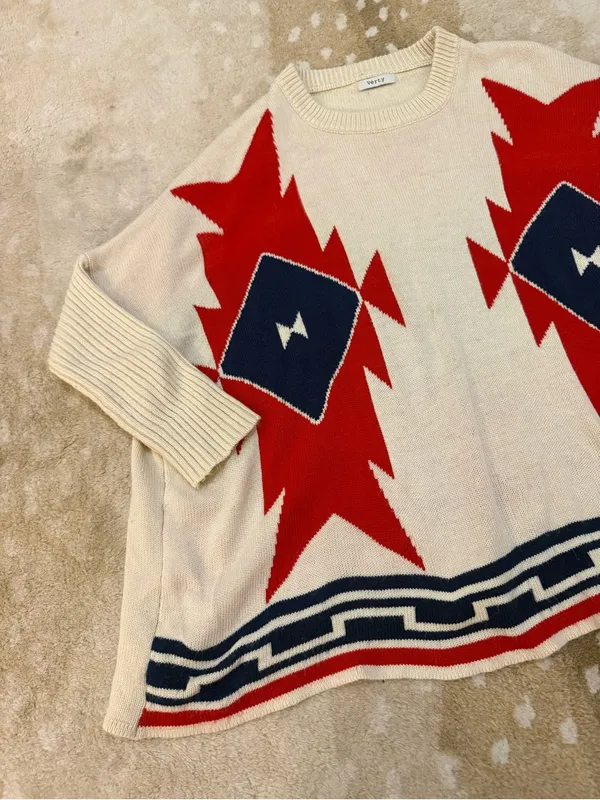 Verty Southwestern Geometric Oversized Sweater One Size Cream Red Navy - Image 4
