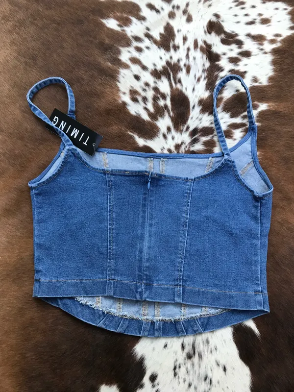 NWT Boutique Denim Corset Crop Top Sz L - Image 3