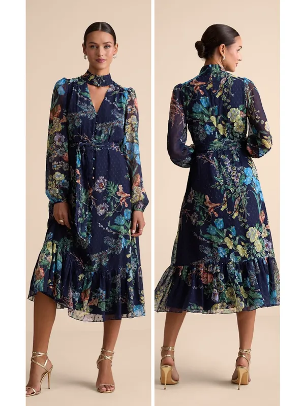 Lulus Fallyn Navy Floral Swiss Dot Long Sleeve Midi Dress Size Medium Tie Waist - Image 2
