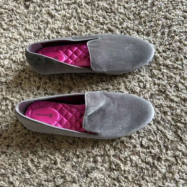 Birdies Gray Velvet Loafers with Pink Quilted Insole - Image 2