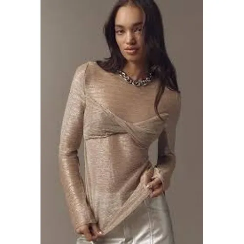 Anthropologie Top Women XL Gold Twisted Knot Metallic‎ Long Sleeve Shimmer Sable - Image 2