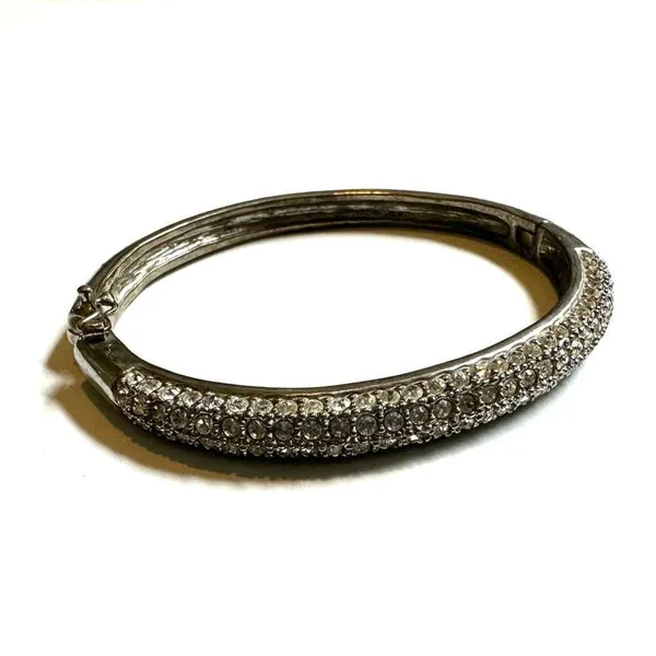 Silver tone hinged rhinestone bangle bracelet - Image 9