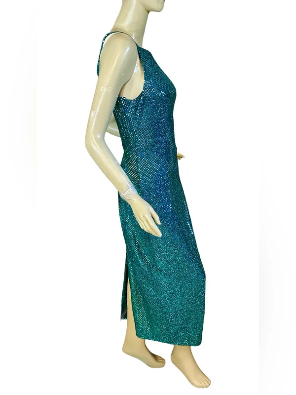 Vintage 1990'S All That Jazz Teal/Aqua Sequin Mesh Formal Dress (5/6) - Image 7
