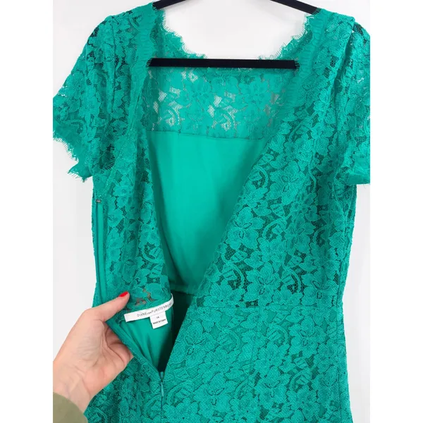 Diane von Furstenberg Fifi Dress‎ Womens Size 14 Green Lace V-Back Mini Cocktail - Image 8