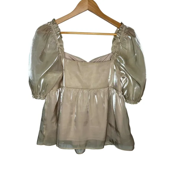 Altar'd State Babydoll Top Women Medium‎ Champagne Gold Metallic Puff Sleeve - Image 3