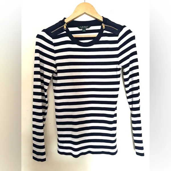 Ralph Lauren Zipper-Trim Top Navy and White Striped Long‎ Sleeve Top Sz Medium - Image 2