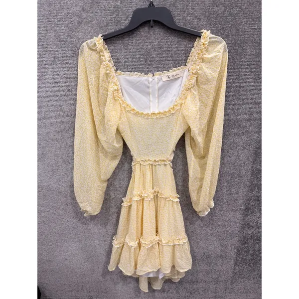 Ryan Bunches Womens Dress S Yellow Floral Open Back Ruffle Tiered MD2476 - Image 4