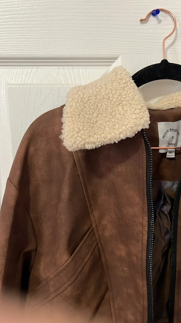 Dark brown faux-leather shearling collar aviator jacket - Image 3