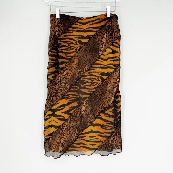 Urban Outfitters Mesh Animal Print Patchwork Midi Skirt Women's Size‎ S Tan Y2K - Image 3
