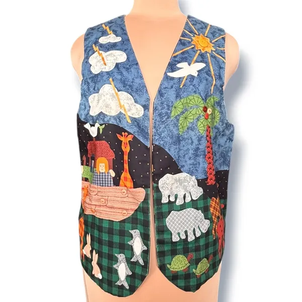 Handmade Vintage Noahs Ark Reversible Vest Folk Art Animals Whimsical 90s Layr - Image 8