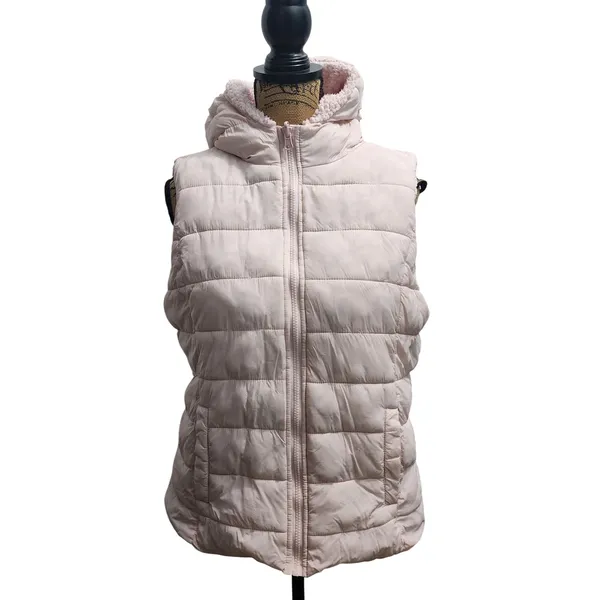 New York Company‎ Light Pink Hooded Puffer Vest Women's Size L Sherpa Lined - Image 2