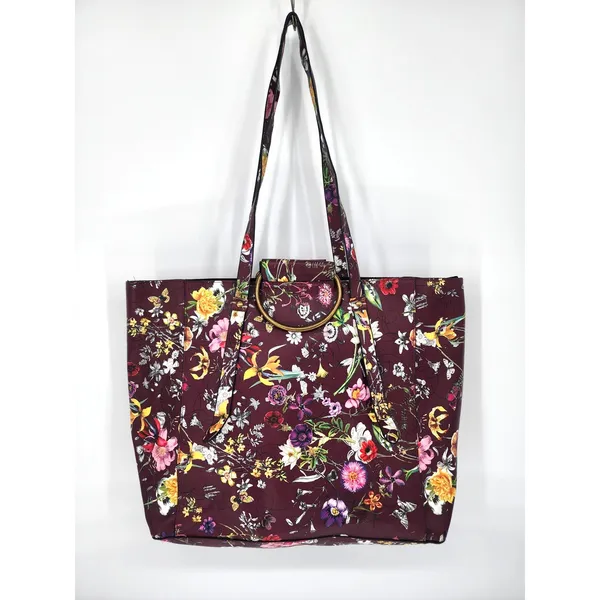 Burgundy Floral Vinyl Tote Bag Gold Ring Detail Large Work Purse 18x12x6 - Image 8