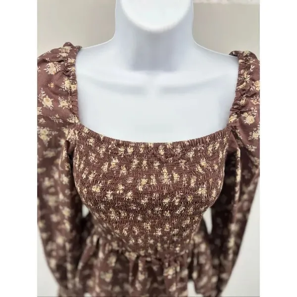 Dizzy Lizzy Smocked Peplum Floral Blouse XS Brown Boho Cottagecore Puff Sleeve - Image 5