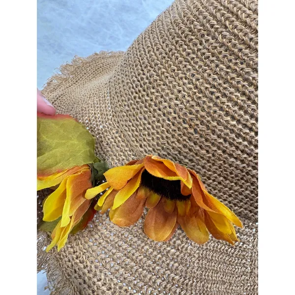 Womens‎ Brown Woven Paper Straw Sun Hat with Frayed Edge and Sunflowers - Image 5