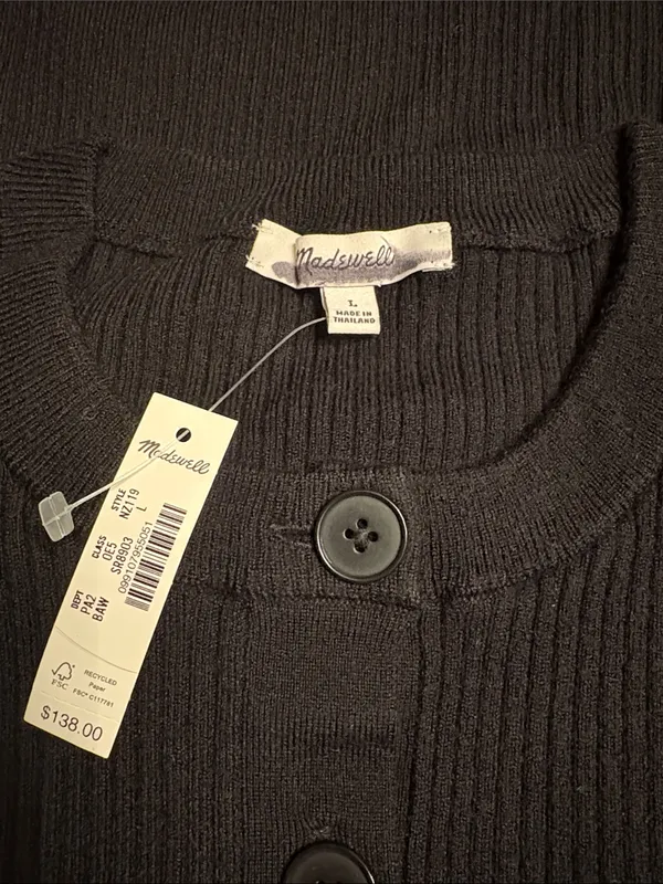Madewell Whipstitched Longline Cardigan Merino Blend black white combo Sz L NWT - Image 7