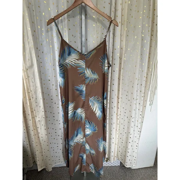 Papermoon Hawaiian Tropical Palm Leaves Mocha Midi Side Slits Slip Dress L - Image 3