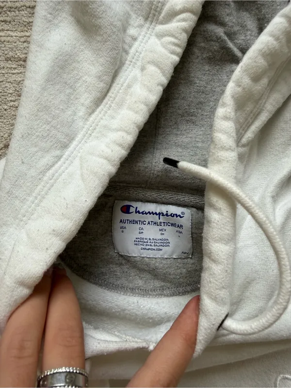 Champion White Cropped Hoodie with Gray Lined Hood - Image 4