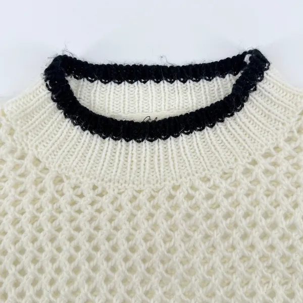 Elan Womens Cream Mock Neck Open Knit Sweater Black Stripe Cuff‎ Detail Medium - Image 3