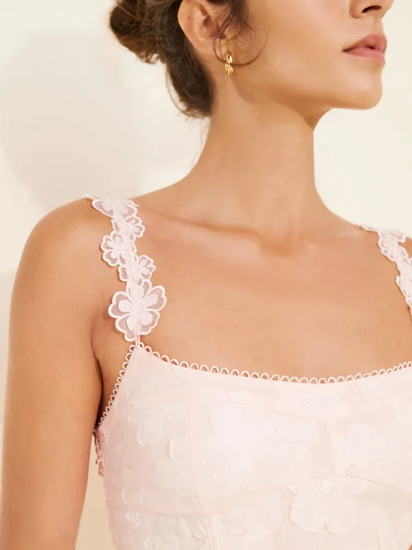Anthropologie For Love & Lemons Pale Pink Florence Drop Waist Floral Midi Dress - Image 3