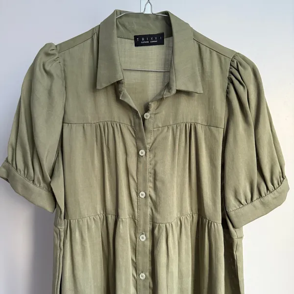 Trixxi Tiered Mini Dress - Button Front, Puff Sleeve, Casual -‎ sz S - Image 2