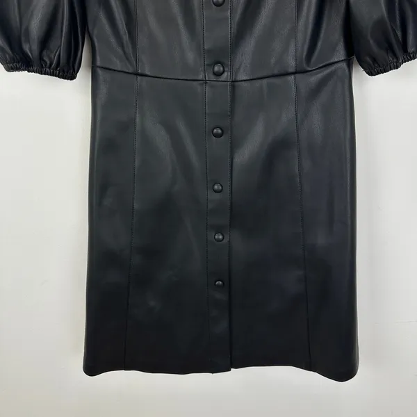 Lime Faux Leather Mini Dress Black Minimalist A Line Puff Sleeve Collared XS - Image 7