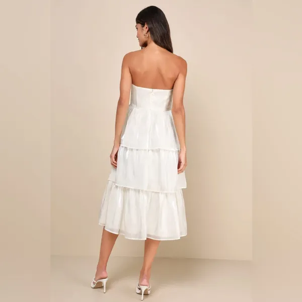 LULU’S Com-Pleat-Ly Charming Ivory Organza Tiered Strapless Midi Dress - Image 4