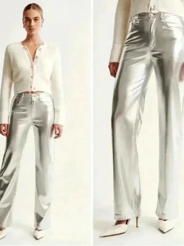 7 For All Mankind Silver Metallic Coated Straight‎ Leg Pants Size Medium NWT - Image 2