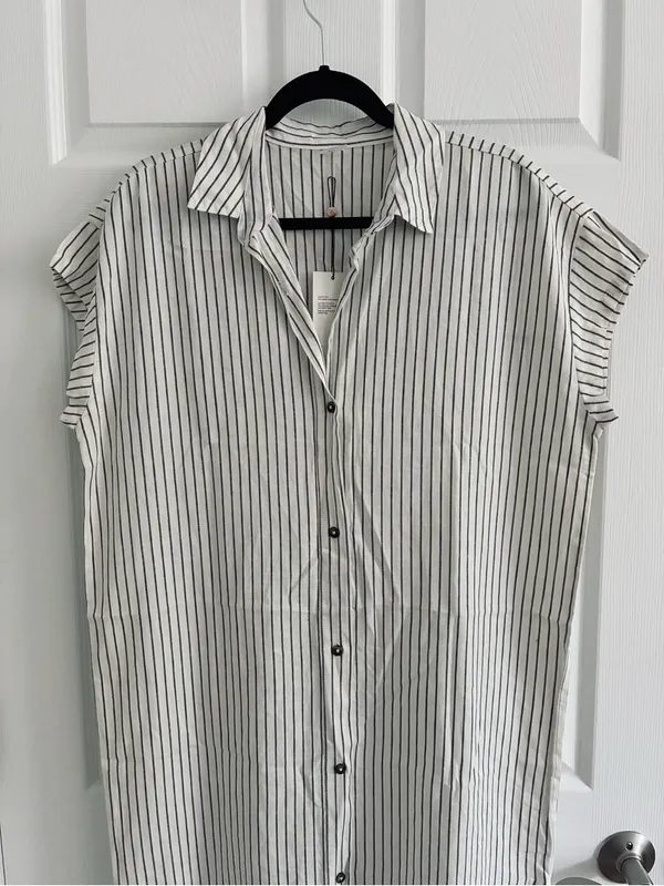 Calia Swim Coverup Dress Yucatan Stripe Ivory Linen Blend Button Down NWT Medium - Image 5