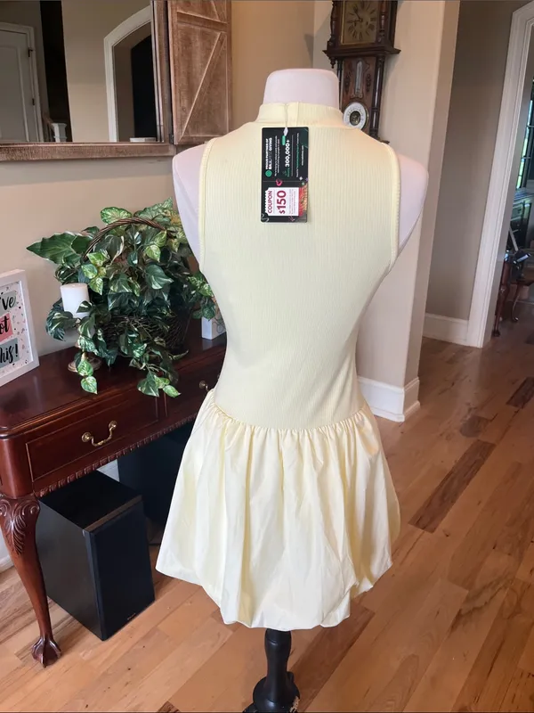 Sleeveless Pastel Yellow Bubble Hem Mini Dress Summer - Image 8