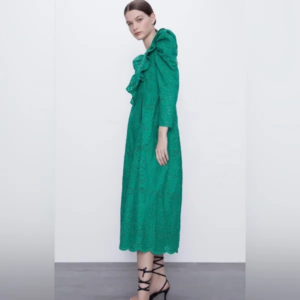 ZARA Broderie‎ Anglaise Cutwork Embroidered Eyelet Ruffle Midi Dress Green Sz XS - Image 9
