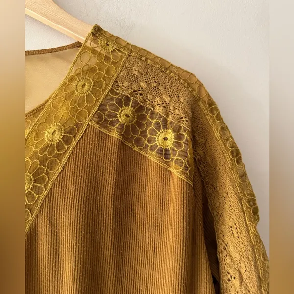 Free People Women's Lola Long-Sleeve Blouse, Mustard Yellow‎ Boho Lace Trim - Image 3