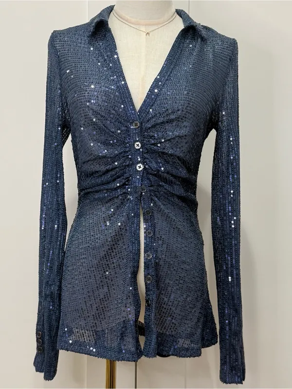 Free People Sequin Shirtee Small Varsity Navy Button Up Party Statement Holiday - Image 6